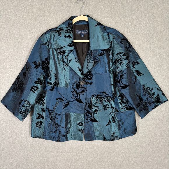 Susan Graver Blazer Womens XL Blue Black Floral Velvet Patchwork‎ Artsy Granny - Picture 1 of 8